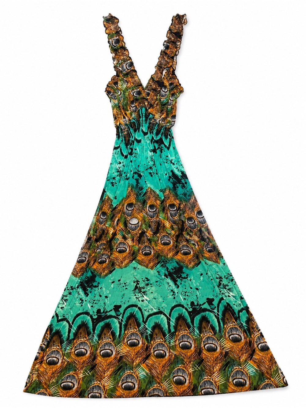 Maxi Dress with Peacock Feather Print in Teal